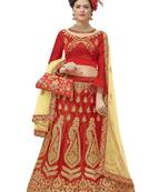 Red Embroidered Satin Semi Stitched Lehenga
