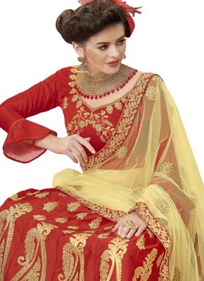 Red Embroidered Satin Semi Stitched Lehenga 2