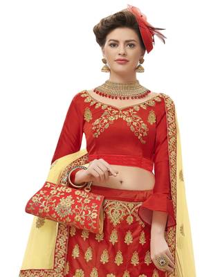 Red Embroidered Satin Semi Stitched Lehenga 3