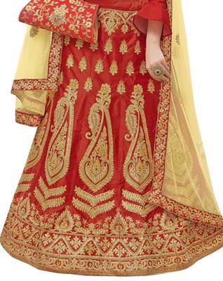 Red Embroidered Satin Semi Stitched Lehenga 4