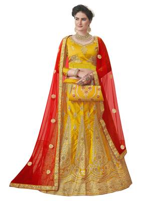 Mustard Embroidered Satin Semi Stitched Lehenga 1
