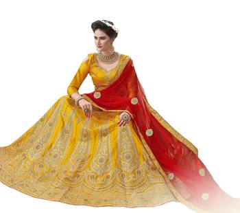 Mustard Embroidered Satin Semi Stitched Lehenga 2