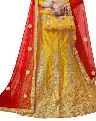 Mustard Embroidered Satin Semi Stitched Lehenga 3