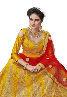 Mustard Embroidered Satin Semi Stitched Lehenga 4