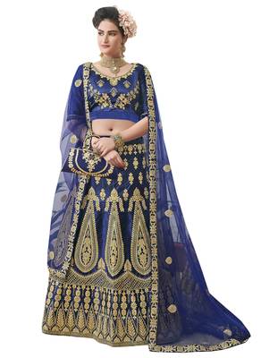 Blue Embroidered Satin Semi Stitched Lehenga 1