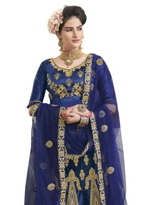 Blue Embroidered Satin Semi Stitched Lehenga 2