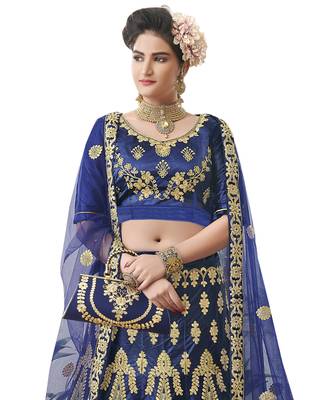 Blue Embroidered Satin Semi Stitched Lehenga 3