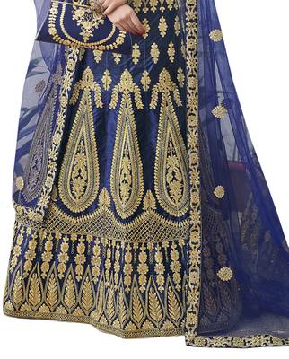 Blue Embroidered Satin Semi Stitched Lehenga 4