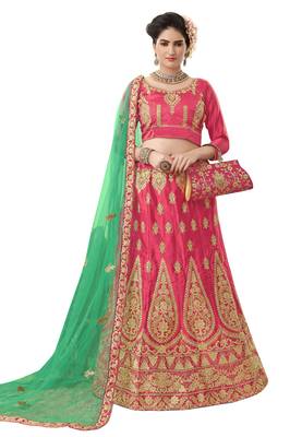 Pink Embroidered Satin Semi Stitched Lehenga 1