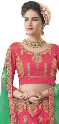 Pink Embroidered Satin Semi Stitched Lehenga 2