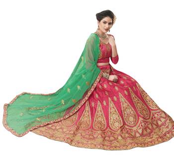 Pink Embroidered Satin Semi Stitched Lehenga 4