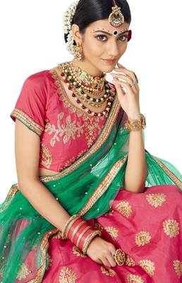 Pink Embroidered Art Silk Semi Stitched Lehenga 3