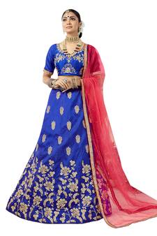 Blue Embroidered Art Silk Semi Stitched Lehenga