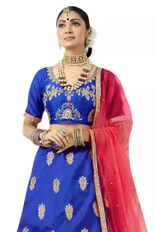 Blue Embroidered Art Silk Semi Stitched Lehenga