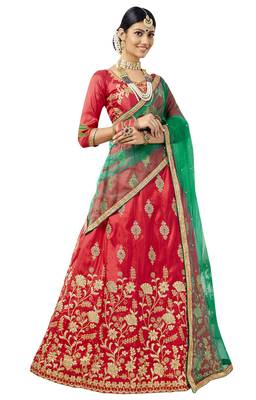 Red Embroidered Art Silk Semi Stitched Lehenga 1