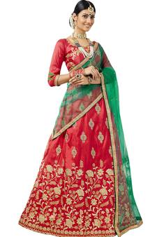 Red Embroidered Art Silk Semi Stitched Lehenga