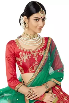 Red Embroidered Art Silk Semi Stitched Lehenga