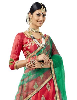 Red Embroidered Art Silk Semi Stitched Lehenga 3