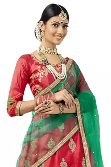 Red Embroidered Art Silk Semi Stitched Lehenga