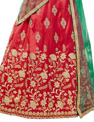 Red Embroidered Art Silk Semi Stitched Lehenga 4