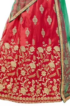 Red Embroidered Art Silk Semi Stitched Lehenga