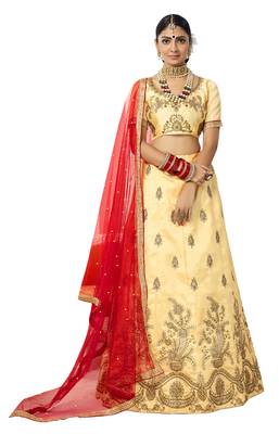 Beige Embroidered Art Silk Semi Stitched Lehenga 1