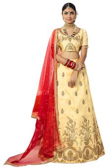 Beige Embroidered Art Silk Semi Stitched Lehenga