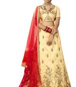 Beige Embroidered Art Silk Semi Stitched Lehenga
