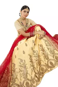 Beige Embroidered Art Silk Semi Stitched Lehenga
