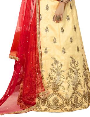 Beige Embroidered Art Silk Semi Stitched Lehenga 4