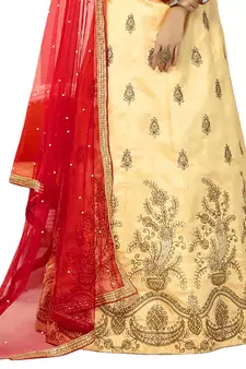 Beige Embroidered Art Silk Semi Stitched Lehenga