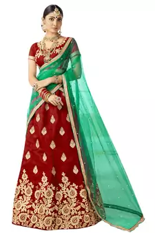 Maroon Embroidered Art Silk Semi Stitched Lehenga