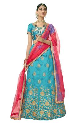 Sky-Blue Embroidered Art Silk Semi Stitched Lehenga 1