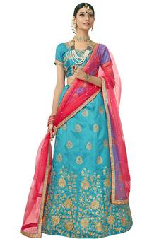 Sky-Blue Embroidered Art Silk Semi Stitched Lehenga