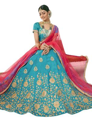 Sky-Blue Embroidered Art Silk Semi Stitched Lehenga 2