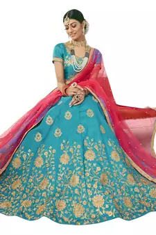 Sky-Blue Embroidered Art Silk Semi Stitched Lehenga
