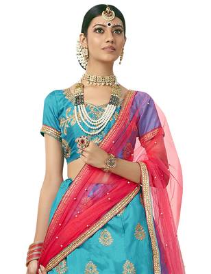 Sky-Blue Embroidered Art Silk Semi Stitched Lehenga 3