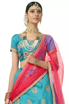 Sky-Blue Embroidered Art Silk Semi Stitched Lehenga