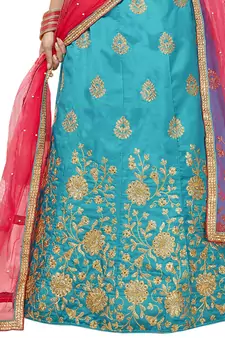 Sky-Blue Embroidered Art Silk Semi Stitched Lehenga
