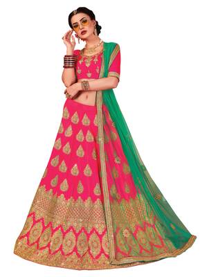 Pink Embroidered Satin Semi Stitched Lehenga 1