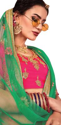 Pink Embroidered Satin Semi Stitched Lehenga 2
