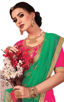 Pink Embroidered Satin Semi Stitched Lehenga 3