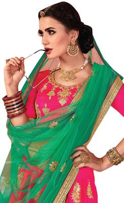 Pink Embroidered Satin Semi Stitched Lehenga 4