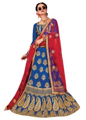 Blue Embroidered Satin Semi Stitched Lehenga 1