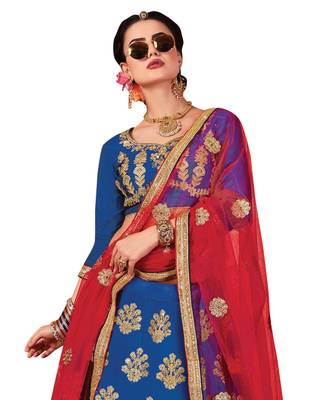 Blue Embroidered Satin Semi Stitched Lehenga 3