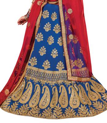 Blue Embroidered Satin Semi Stitched Lehenga 4