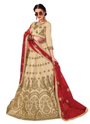 Beige Embroidered Satin Semi Stitched Lehenga 1