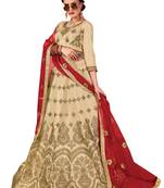 Beige Embroidered Satin Semi Stitched Lehenga