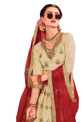 Beige Embroidered Satin Semi Stitched Lehenga 2