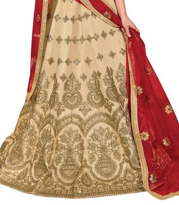 Beige Embroidered Satin Semi Stitched Lehenga 4